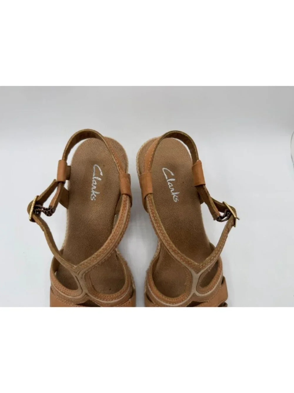 Clarks Rose Limo Wedge Sandals Women Size 7.5M Brown Beige Low Heel Shoes